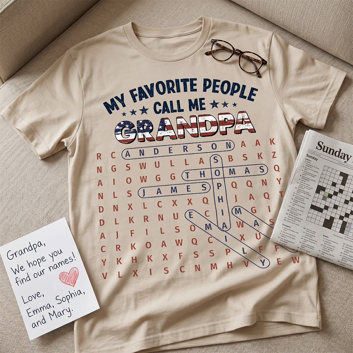 Grandpa's Favorite People Word Search Puzzle American Flag Theme - Personalized Shirt - Father's Day Gift For Grandpa, Dad