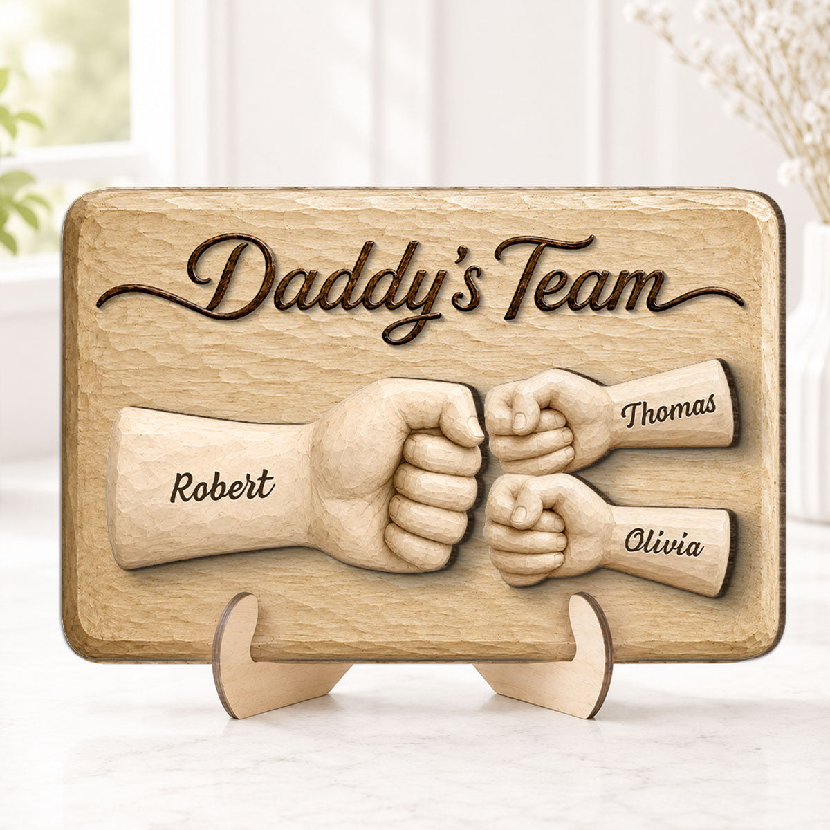 Sentimental Rustic Daddy's Team Fist Bump - Personalized 2-Layered Wooden Plaque - Father's Day Gift For Dad, Husband