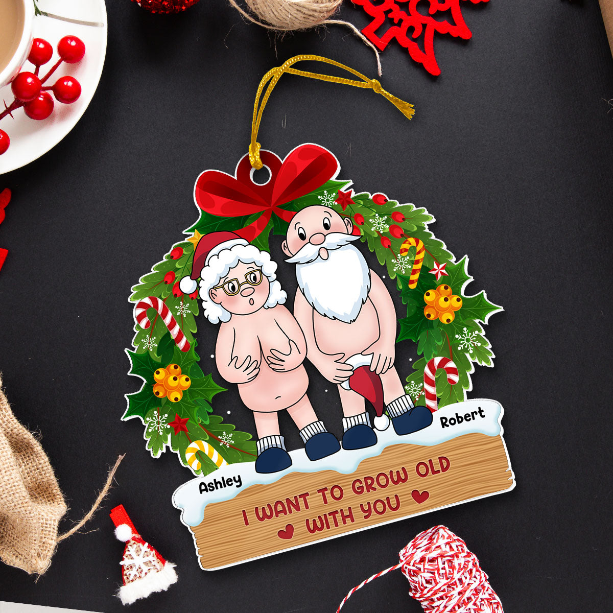 Funny Old Couple Christmas Wreath Personalized Acrylic Ornament