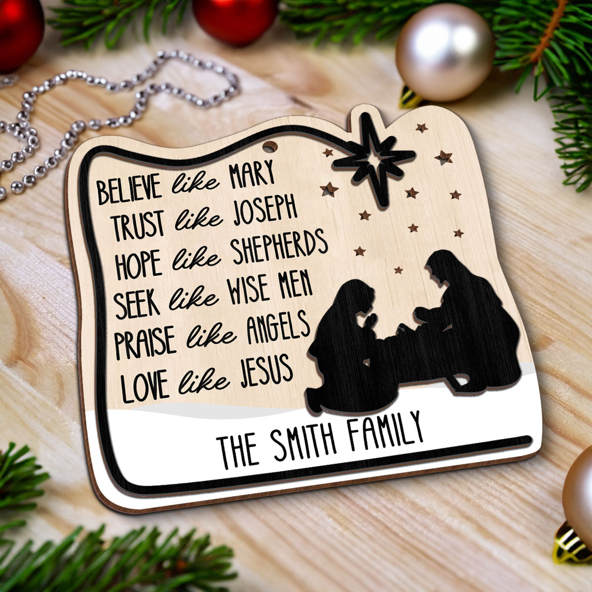 Believe Like Mary Christian Family Personalized 2-Layer Wooden Ornament