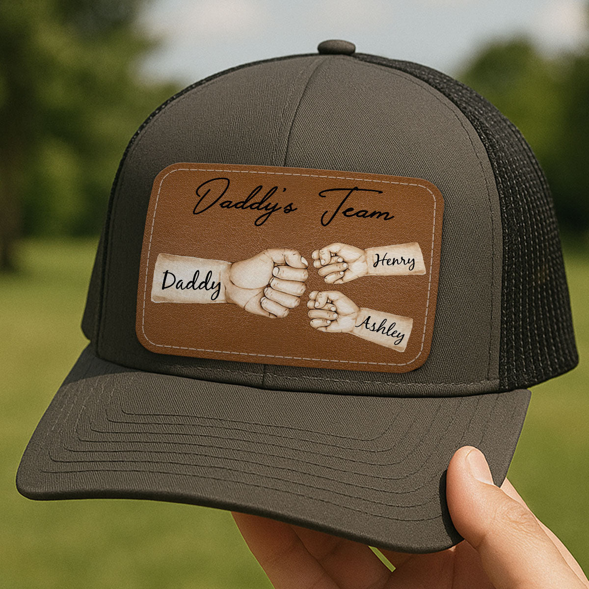 Daddy's Team Fist Bump Personalized Leather Patch Hat, Trucker Cap| Cool Father's Day Gift For Dad, Husband