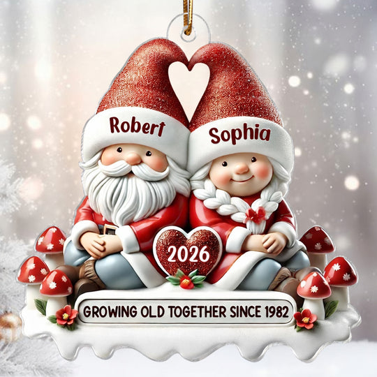 3D Effect Gnome Couple - Personalized Acrylic Ornament - Gift for Him, Gift for Her