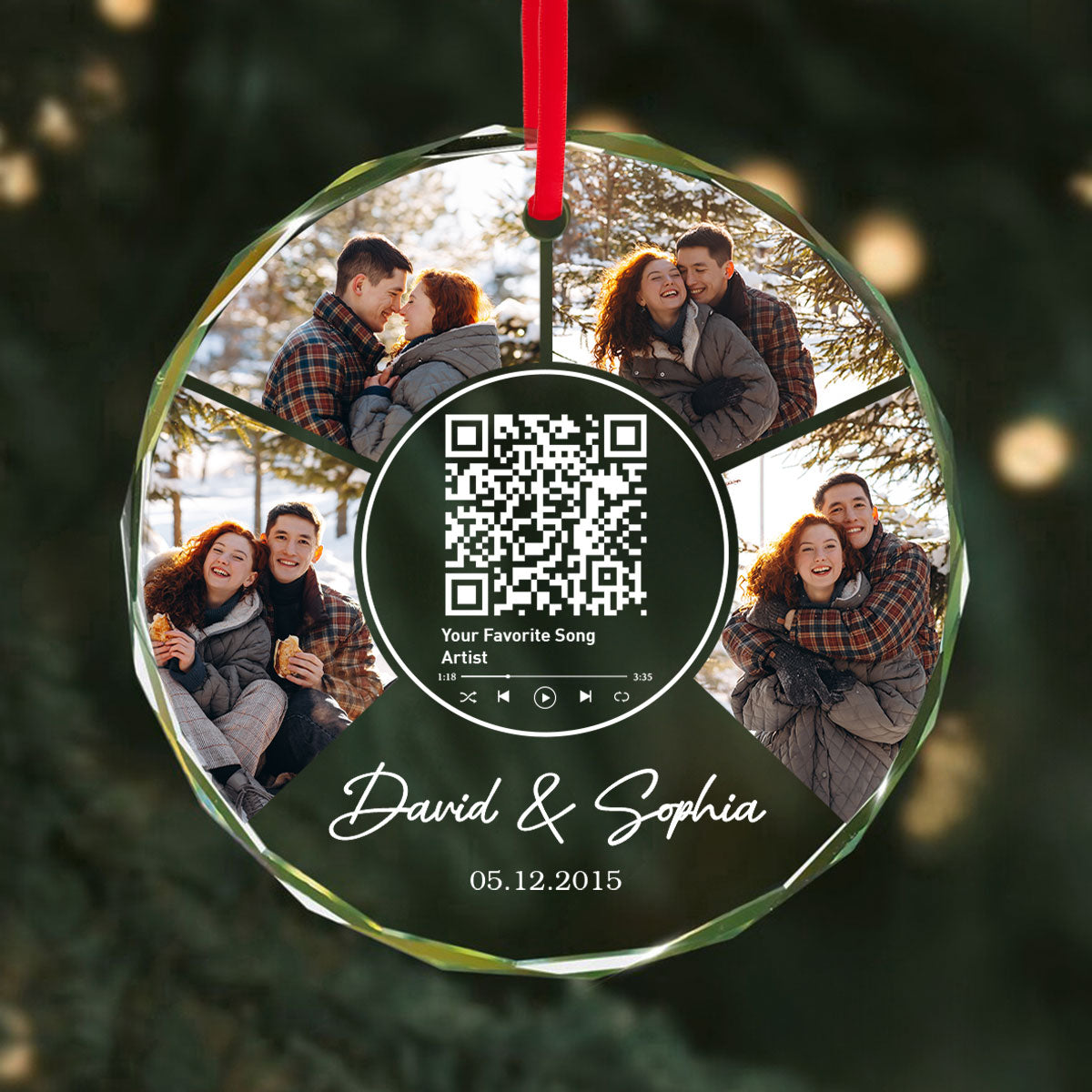 Couple Photo Custom Song Scannable QR Code, Personalized Glass Ornament