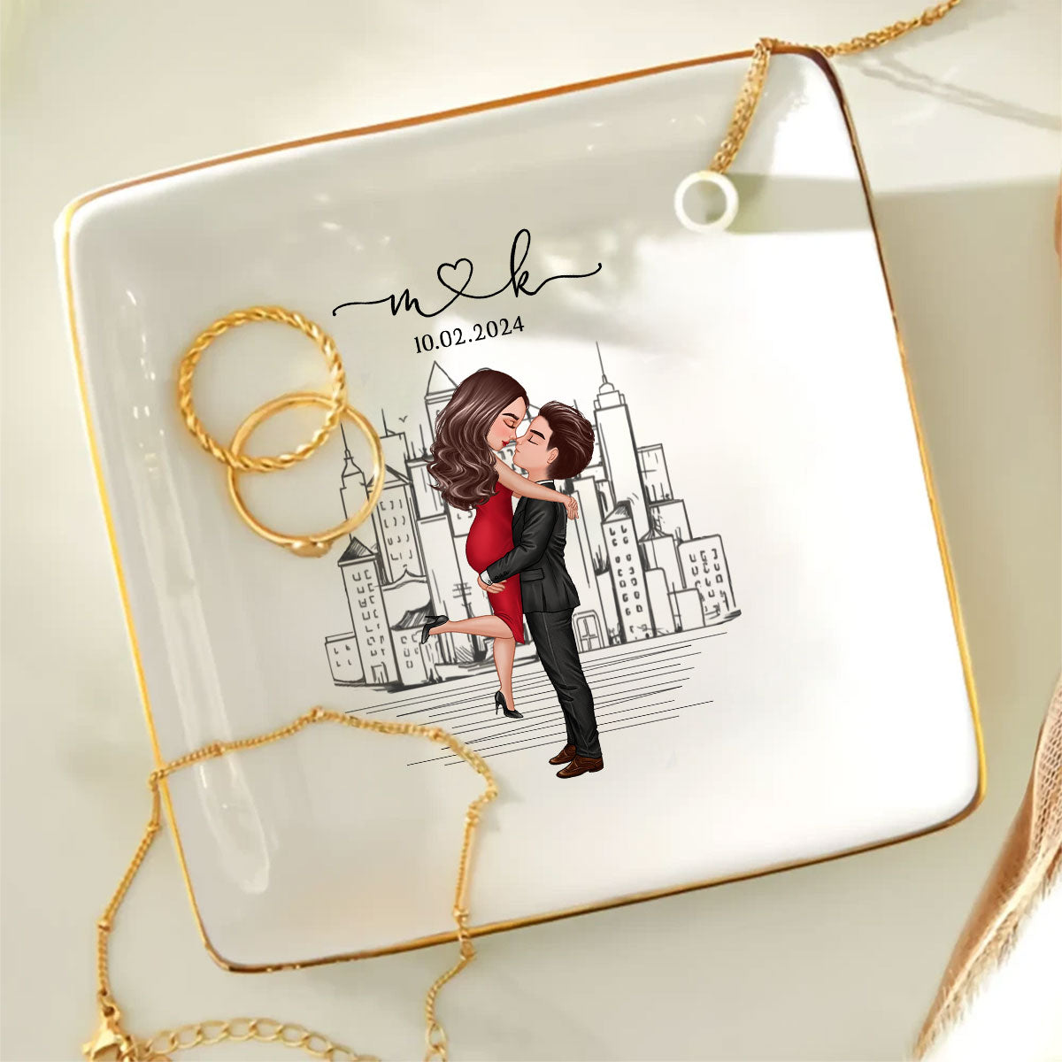 Couple Hugging Kissing Outline Landscape Personalized Jewelry Dish, Gift for Her