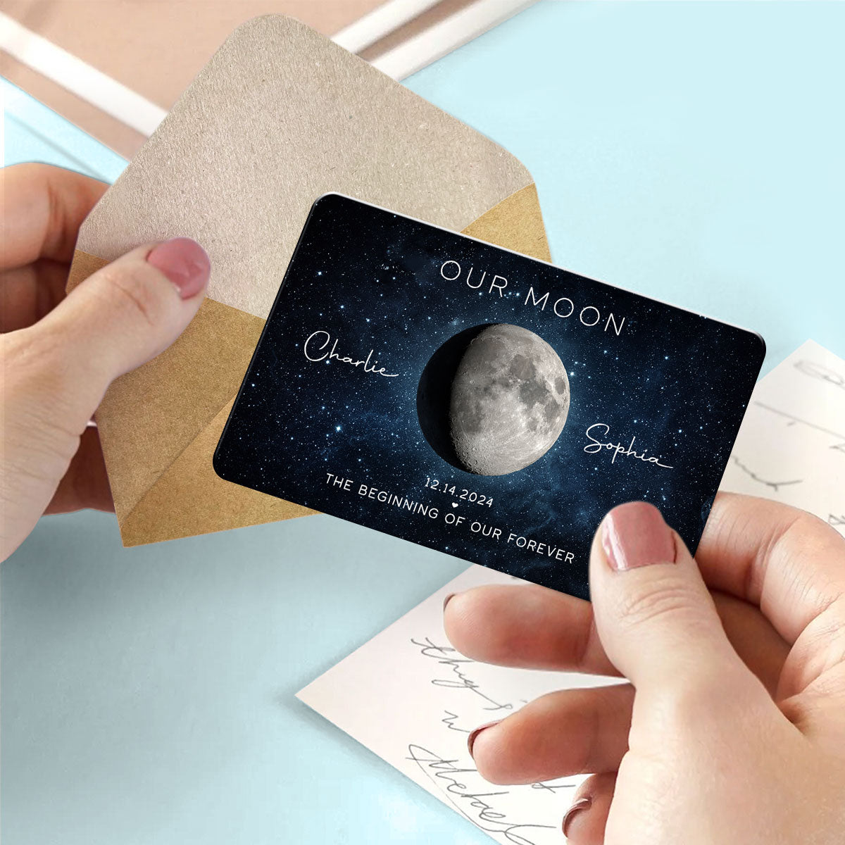 Our Moon Couple Gift Moon Phase Art Anniversary Gift For Him Personalized Metal Wallet Card