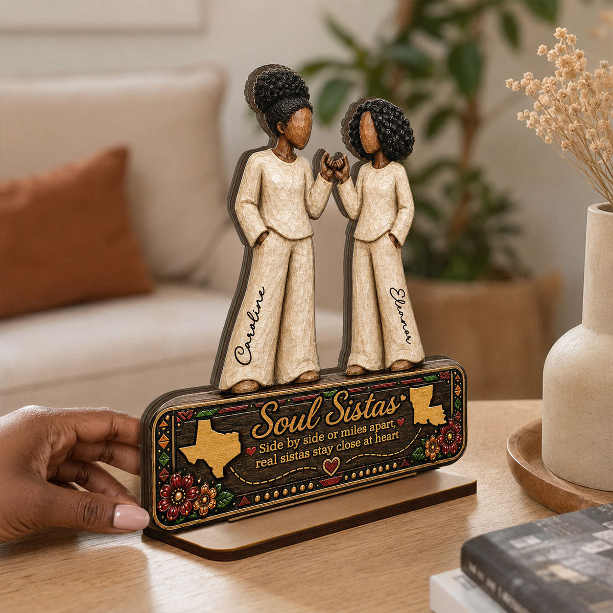 Long Distance Soul Sistas Pinky Promise 2D Flat - Personalized 2-Layered Wooden Plaque - Long Distance Friendship Keepsake