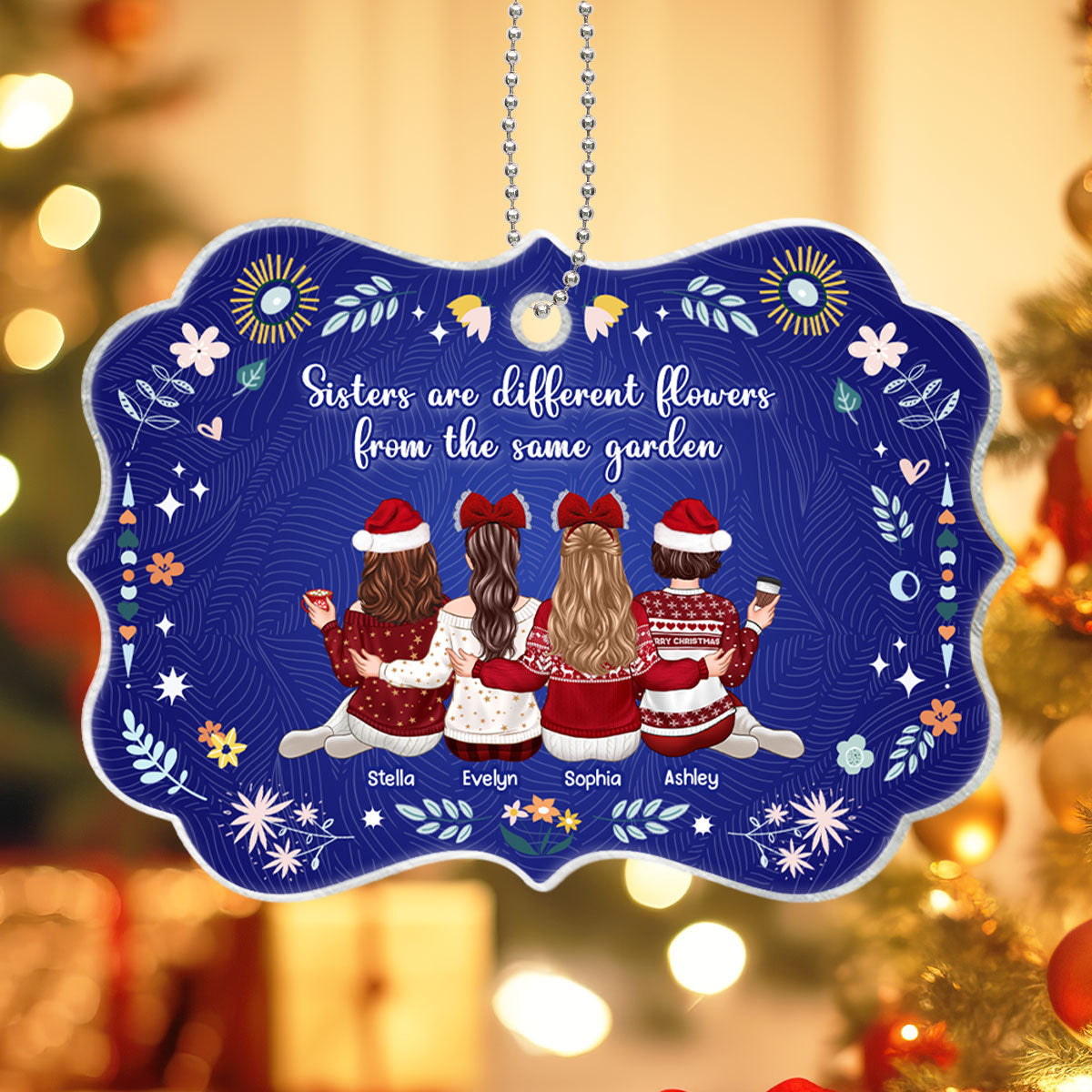 Sisters Are Different Flowers from the Same Garden, Sisters Sitting Back View Personalized Acrylic Ornament, Christmas Gift for