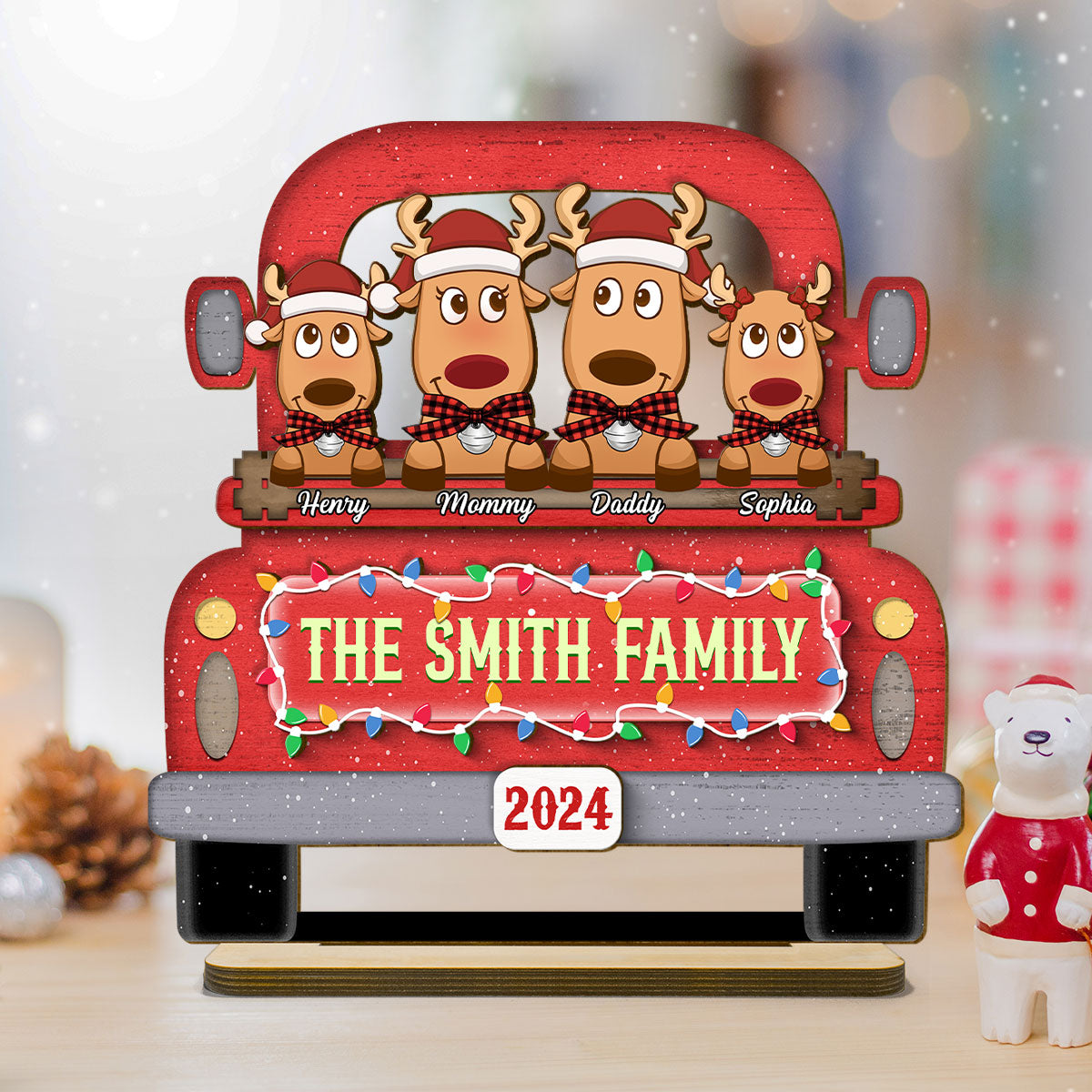 Reindeer Family On Christmas Truck Personalized 2 Layer Standing Wooden Plaque