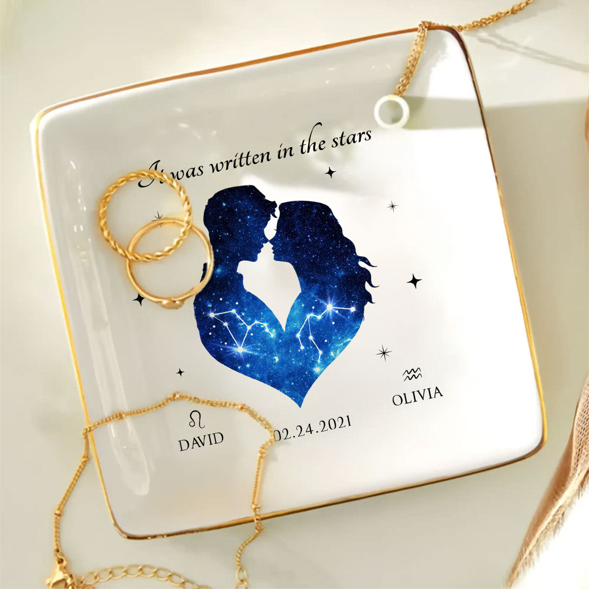 It Was Written In The Stars Hugging Couple Personalized Zodiac Constellation Jewelry Dish, Gift For Bride and Groom, Bridal Shower Gift, Anniversary Gift, Engagement Gift