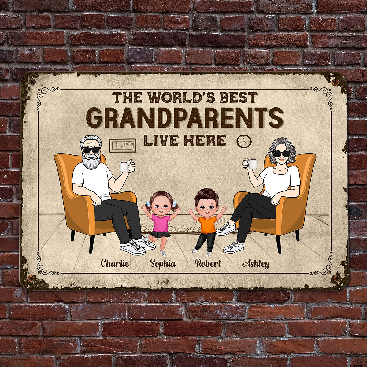 World‘s Best Grandparents Live Here Man Woman & Happy Kids Personalized Metal Sign
