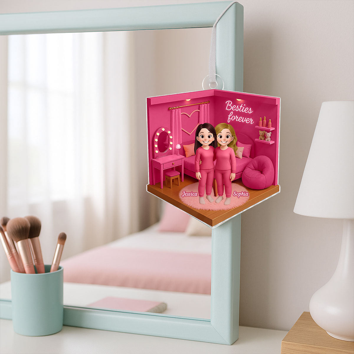 3D Effect Besties Pink Tone Diorama Dream Dollhouse Personalized Flat Acrylic Ornament, Keepsake