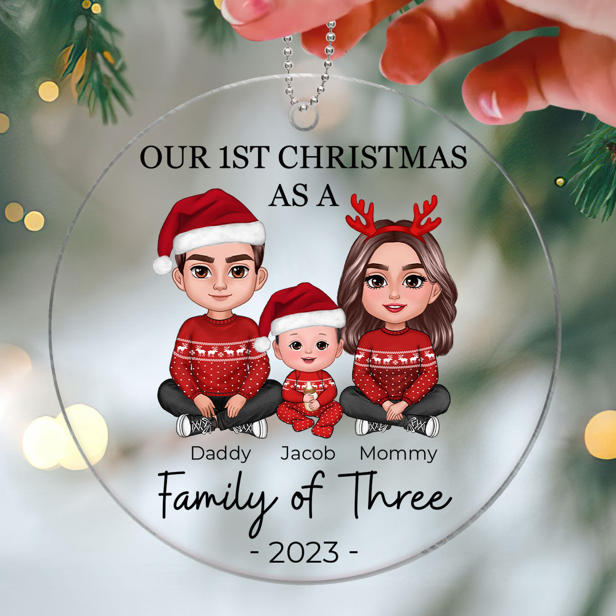 First Christmas As Family Of Three Crossed Legs Personalized Acrylic Ornament