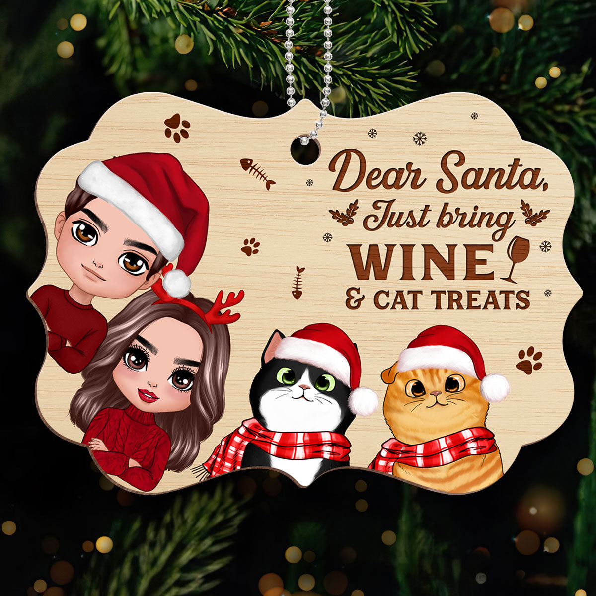 Dear Santa Just Bring Wine & Cat Treats Funny Personalized Wooden Ornament