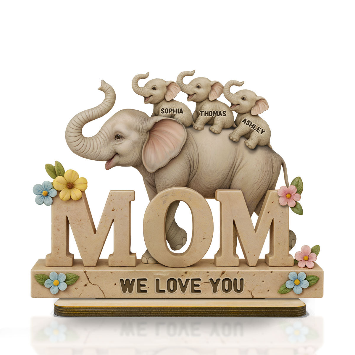 3D Effect Elephant MOM Personalized Standing Wooden Plaque, Gift For Mom