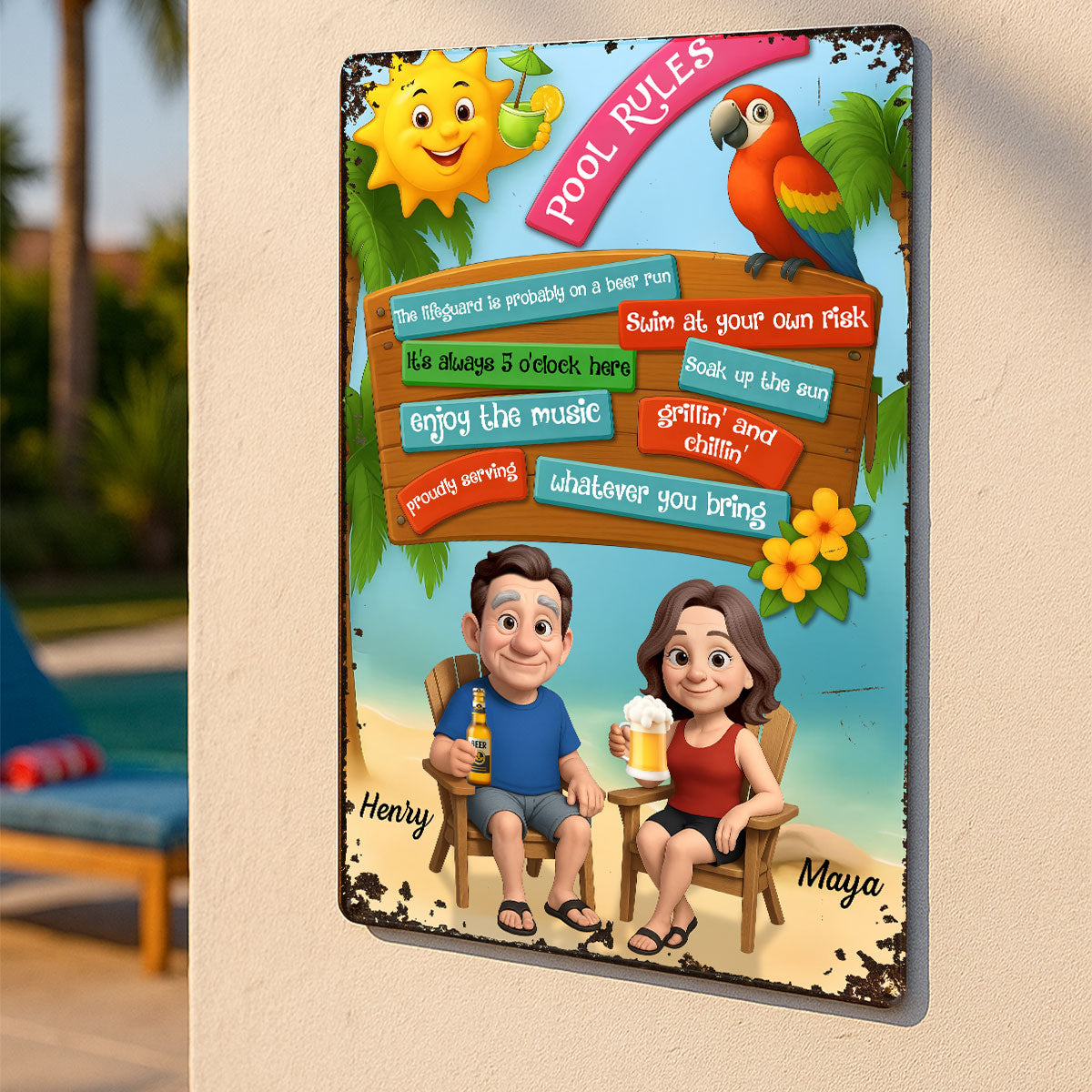 Pool Rules Couple Summer 3D Effect Personalized Metal Sign