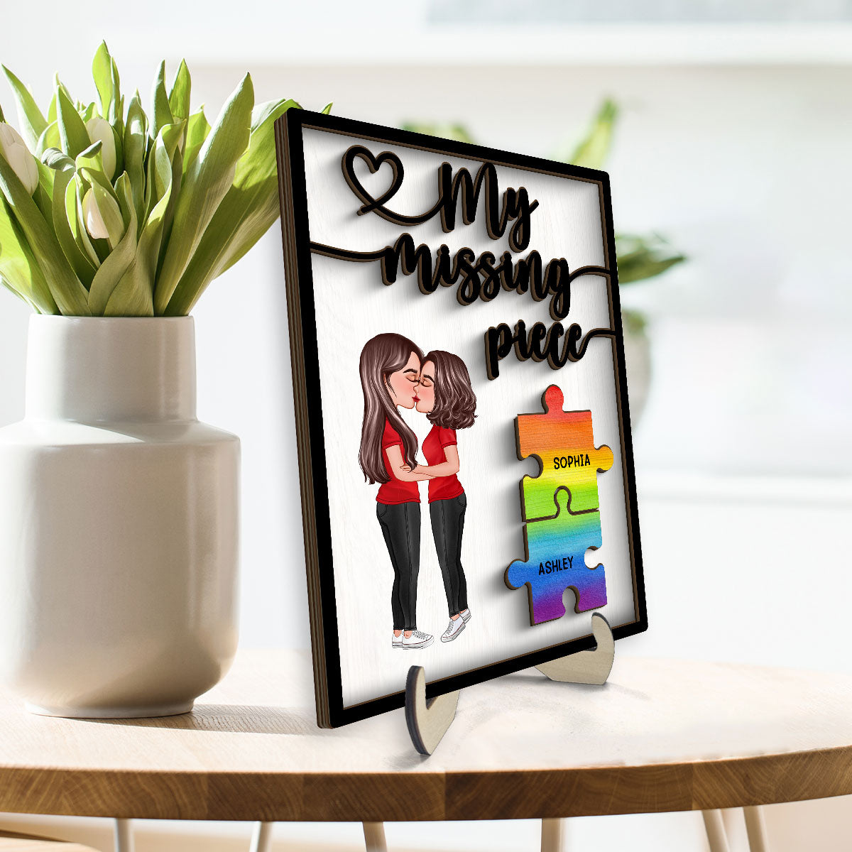 My Missing Piece Couple Kissing Puzzle Pieces LGBTQ+ Couple Pride Month Personalized 2-Layer Wooden Plaque