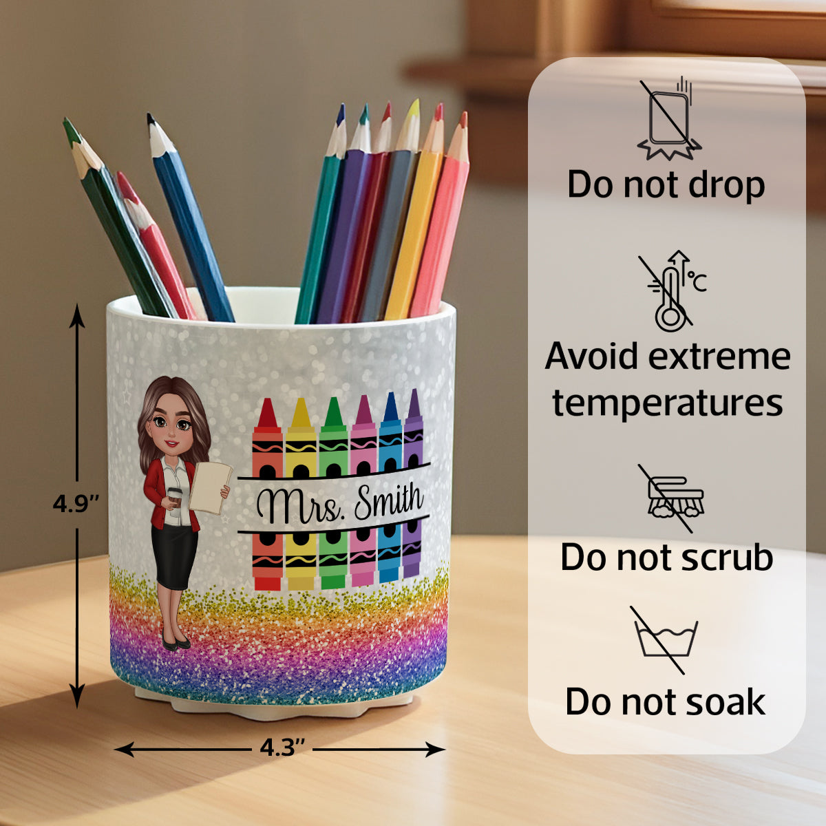 Teacher Crayon Glitter Texture Personalized Rotating Pen Holder, Teacher Appreciation Gift, Back To School Gift