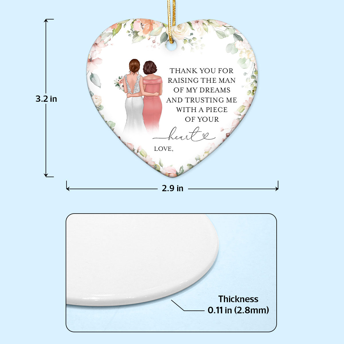 Thank You For Raising The Man Of My Dreams Personalized Heart Ceramic Ornament, Unique Wedding Gift, Christmas Gift, Sentimental Gift For Mother In Law