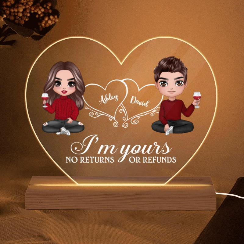 Hearts Doll Couple Sitting I'm Yours No Returns Or Refunds Gift For Him Gift For Her Personalized Custom Shape Acrylic Plaque With LED Night Light