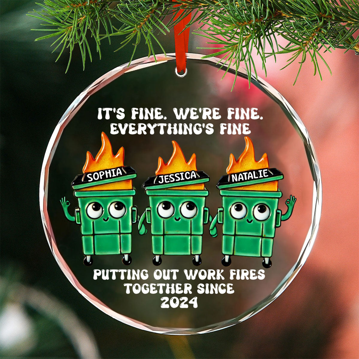 Putting Out Work Fires Together Work Bestie Dumpster Fire Funny Gift For Colleagues Personalized Glass Ornament