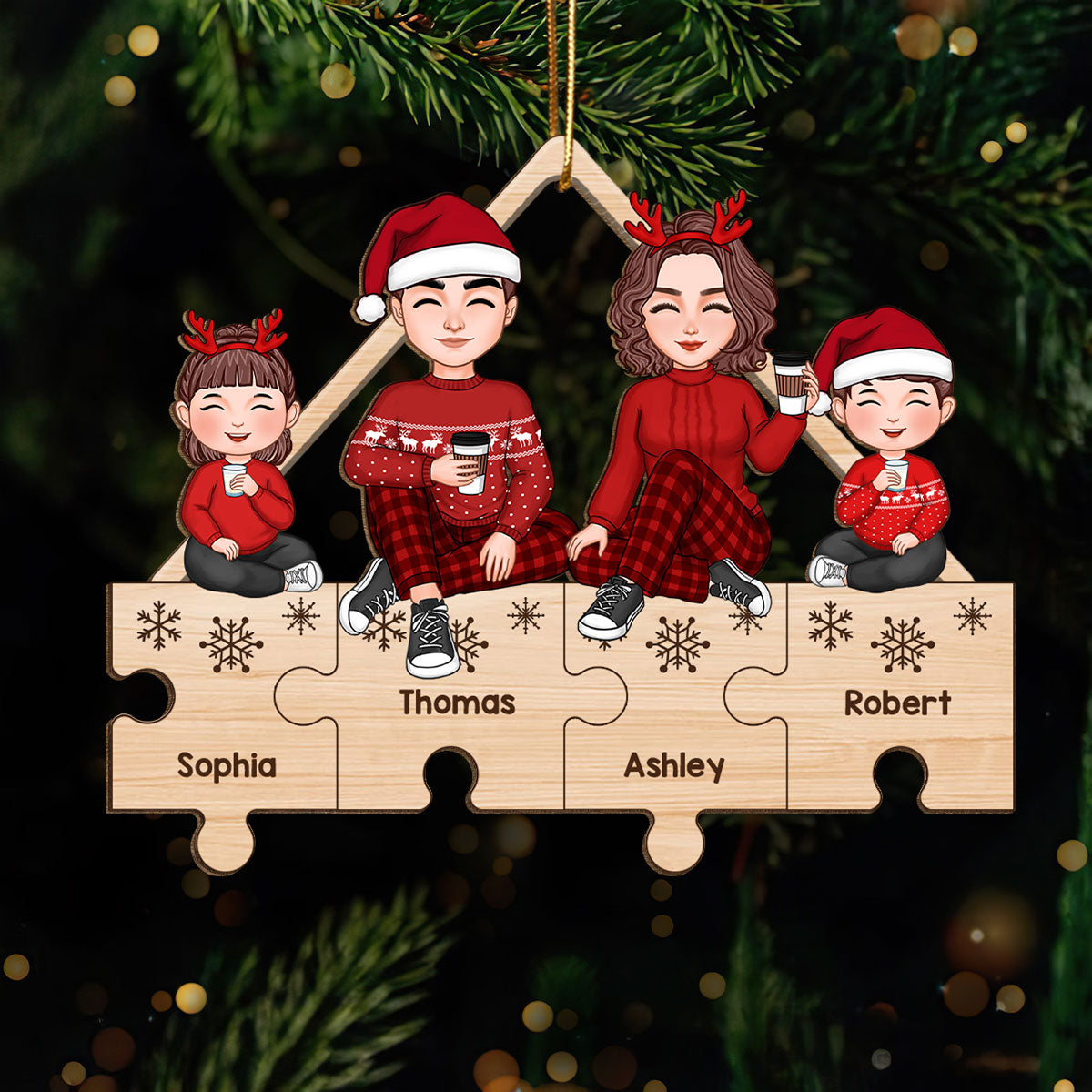 Cute Family Sitting On Puzzle Pieces Christmas Gifts Personalized Wooden Ornament