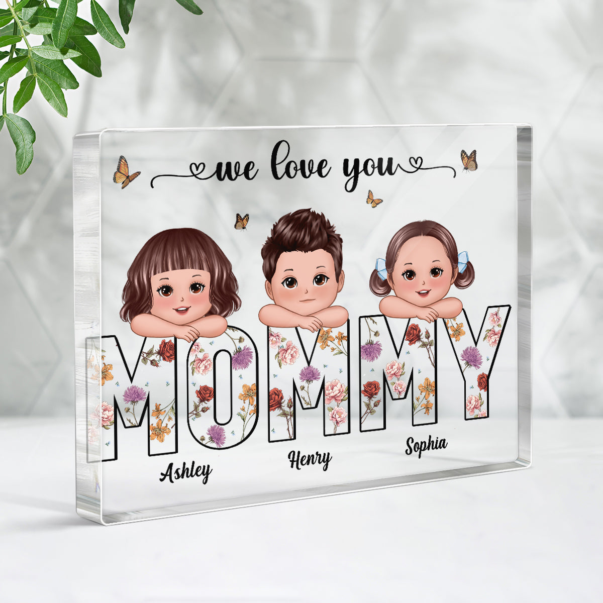 Kids On Hand Custom Birth Month Flower Gift For Mom Personalized Rectangle Acrylic Block Plaque