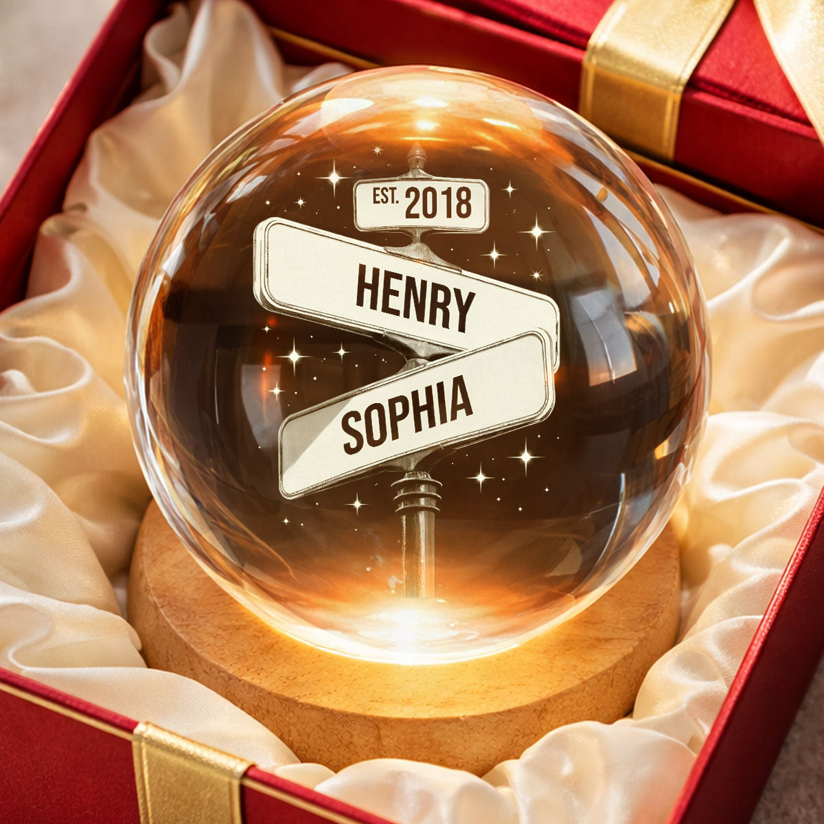 Custom Couple Street Sign - Personalized Crystal Ball LED Night Light - Sentimental Valentine's Day Gift for her, for him
