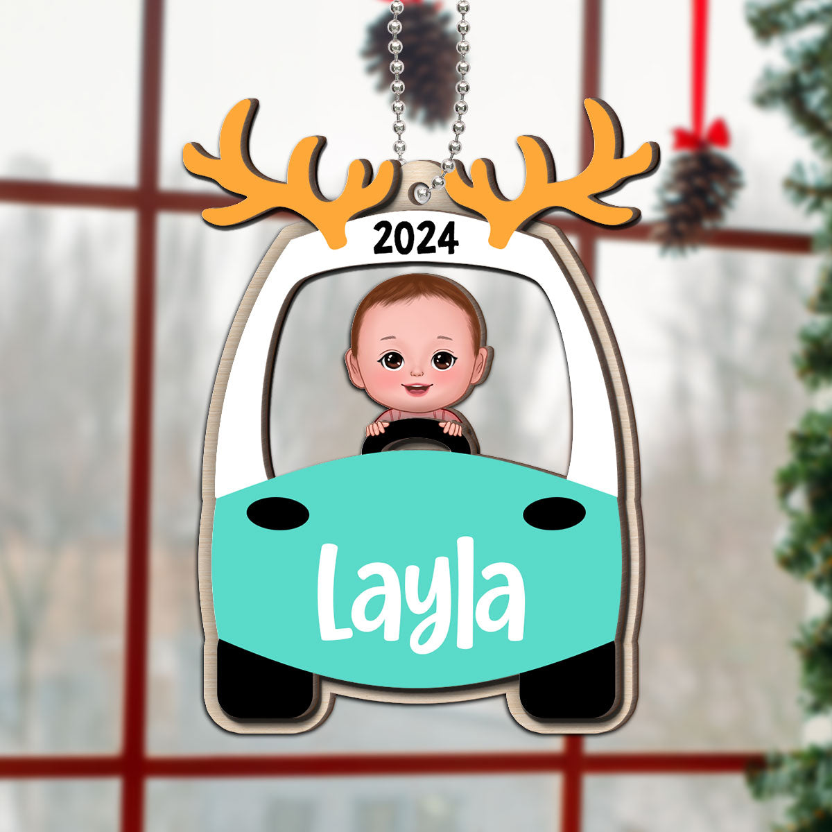Kid On Christmas Toy Car First Christmas Personalized 2-Layer Wooden Ornament