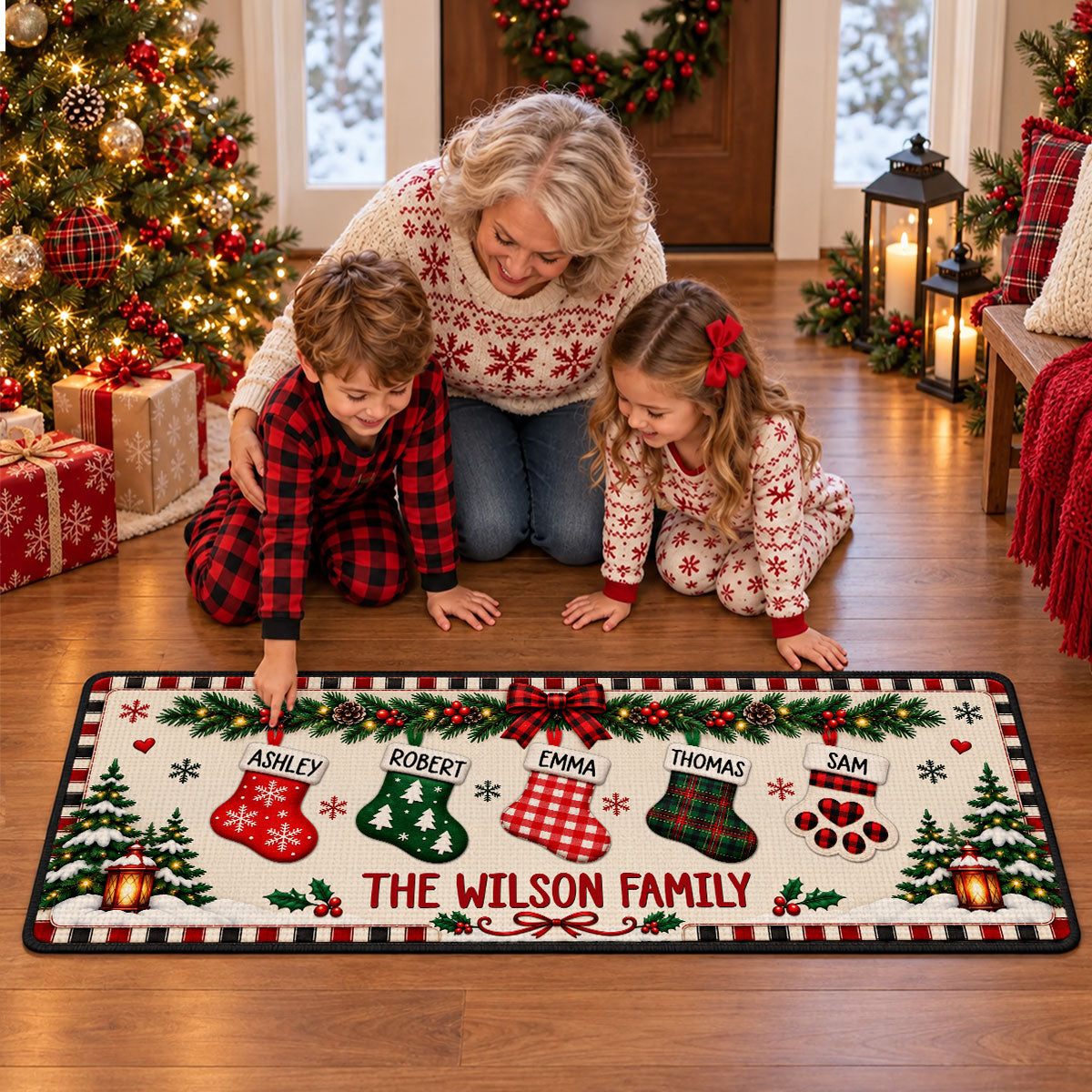 Family Stocking Hanging - Personalized Runner Rug - Christmas Gift for Her, Custom Holiday Hallway Carpet