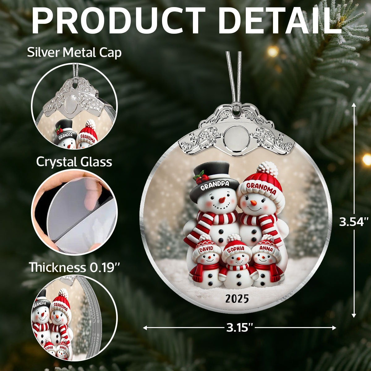 3D Effect Cute Snowman - Personalized Glass Ornament With Silver Cap - Christmas Decor For Family, Grandma, Grandpa