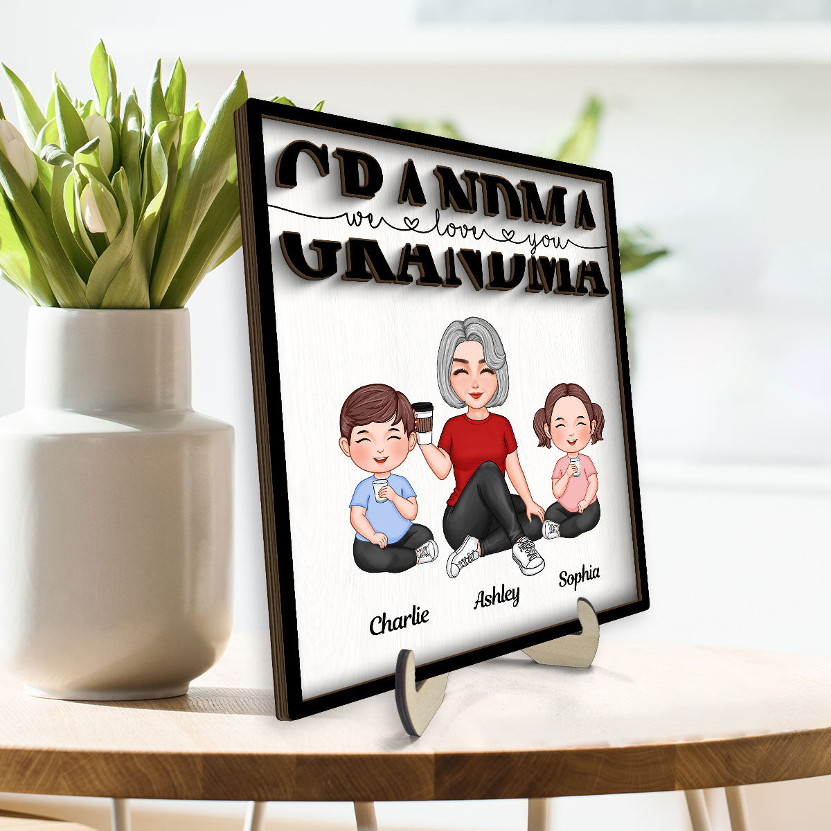 Grandma Mom Auntie Kids Sitting We Love You Mother‘s Day Gift Personalized 2-Layer Wooden Plaque