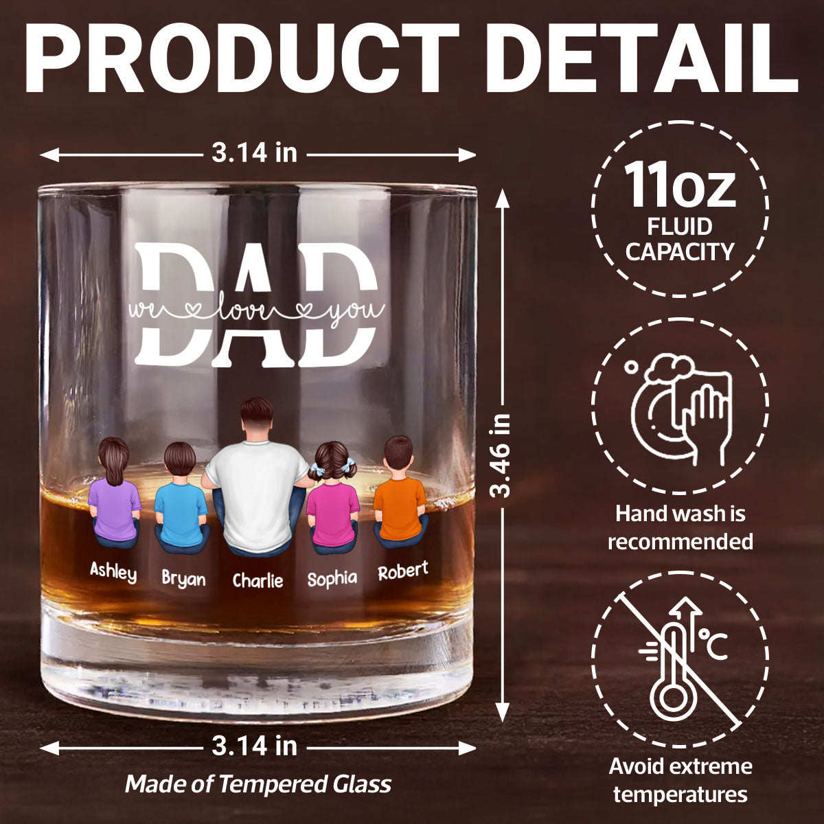 Best Dad Ever Back View Man Kids Dog Cat Personalized Whiskey Glass, Wine Glass, Father's Day Gift for Dad