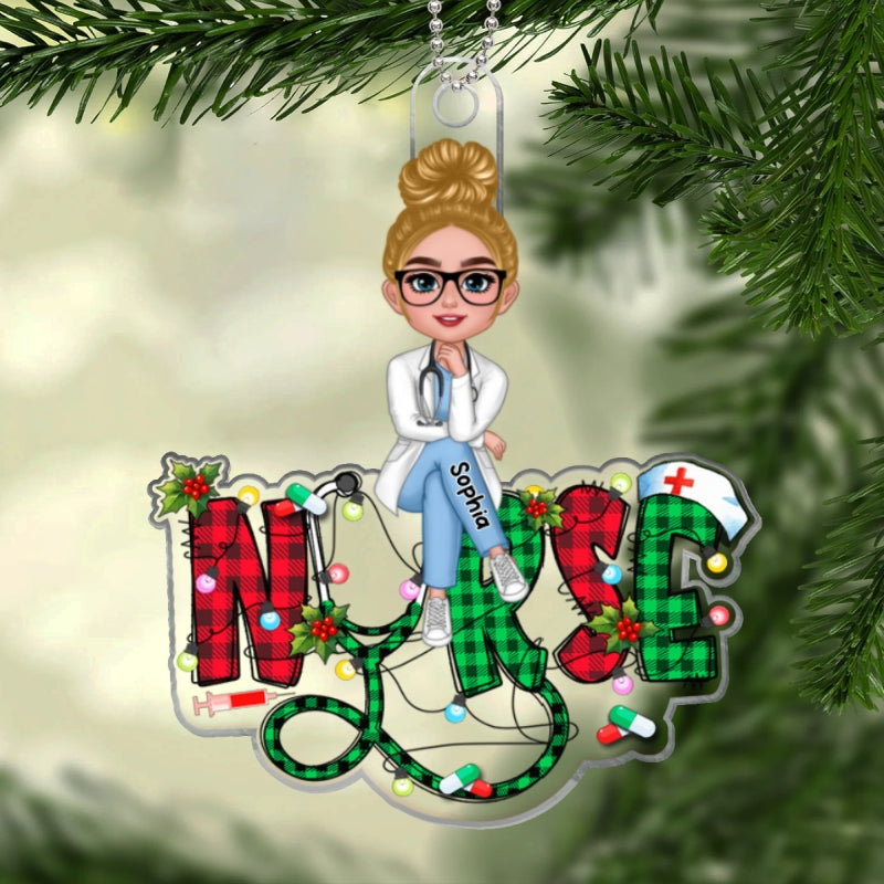 Sitting Nurse Christmas Pattern Personalized Acrylic Ornament, Christmas Gift For Nurses