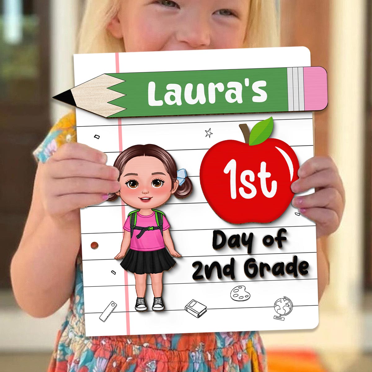 Back To School Sign Cute Doll Kid Personalized 2-Layer Wooden Plaque