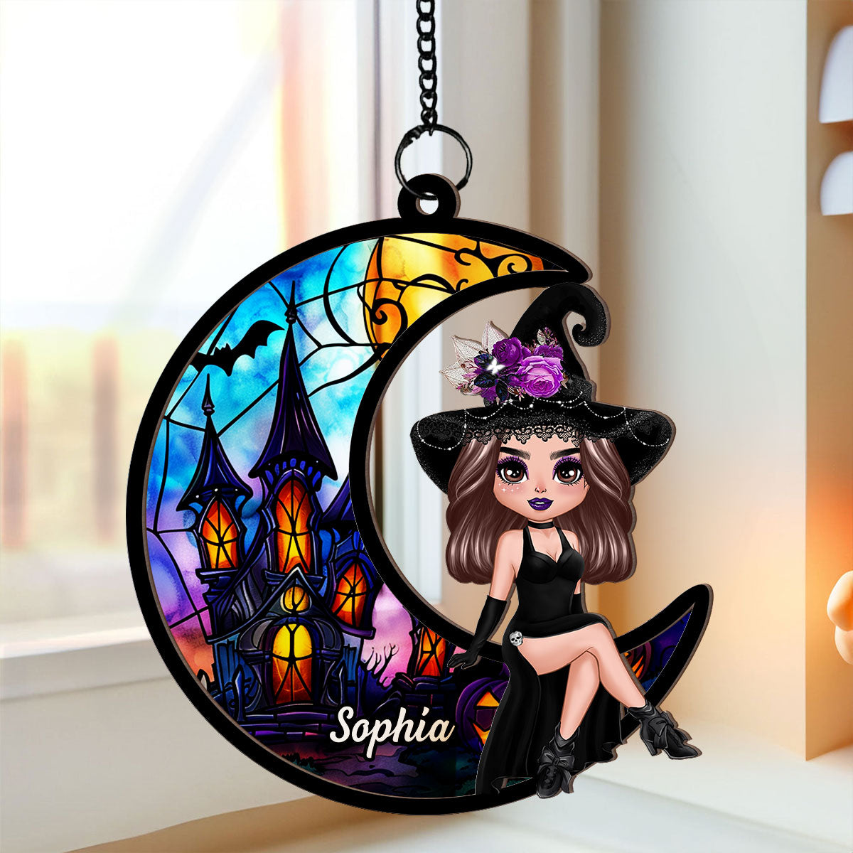 Halloween Witch Sitting On Moon Personalized Suncatcher, Halloween Decoration