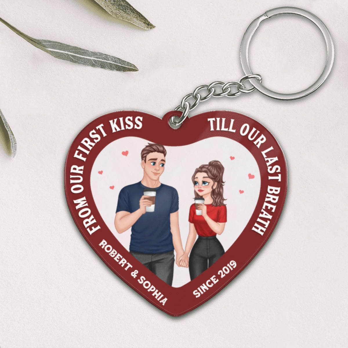 Cartoon Couple Hand In Hand Inside Heart Personalized Acrylic Keychain