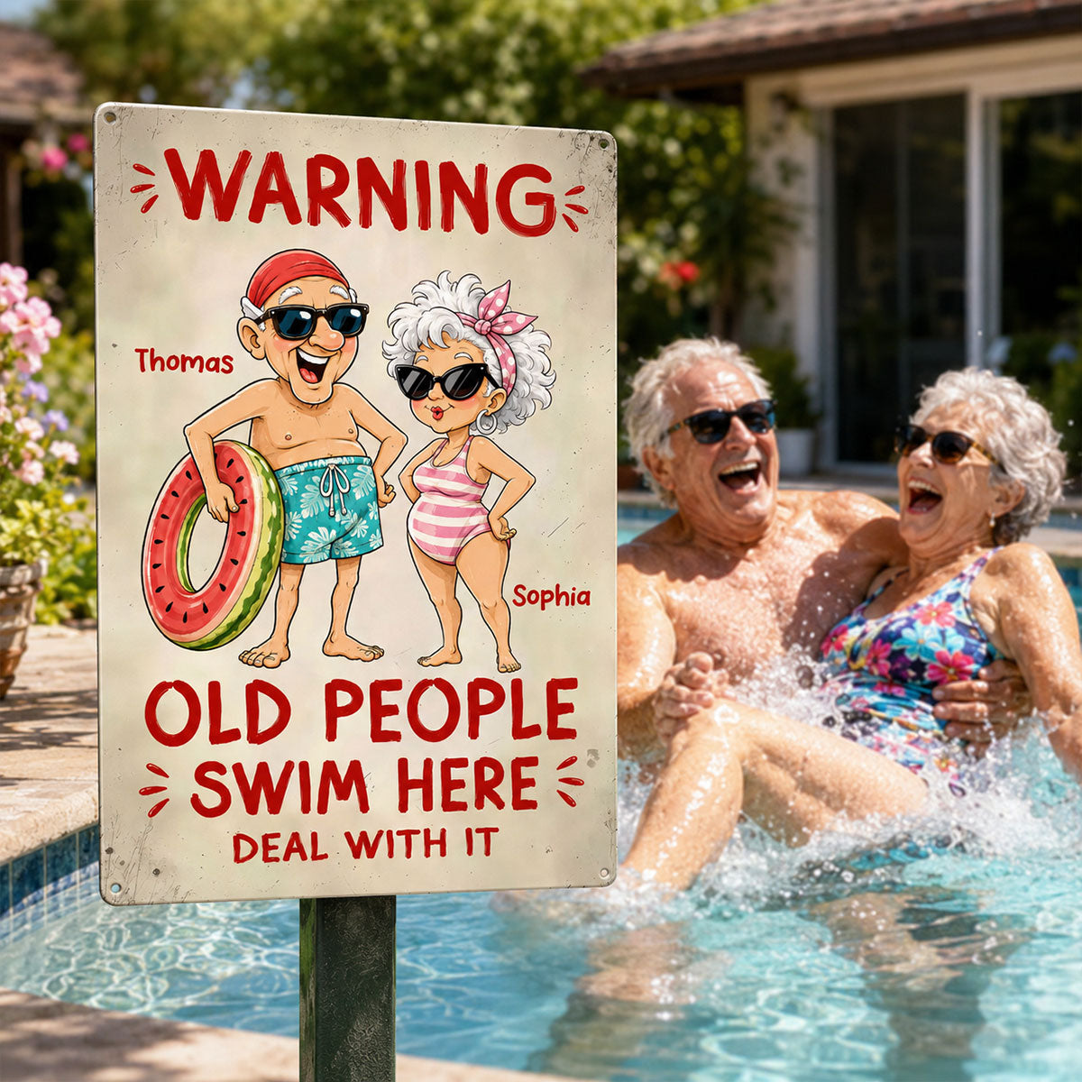 Warning Old People Swim Here Deal With It - Personalized Pool Metal Sign - Funny Vintage Rustic Wall Decor for Pool, Patio