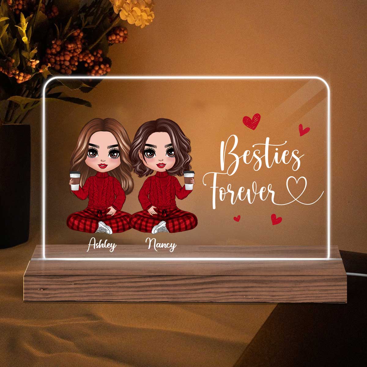 Doll Besties Sisters Sitting Gift For Best Friends Sisters Personalized Custom Shape Horizontal Rectangle Acrylic Plaque LED Night Light