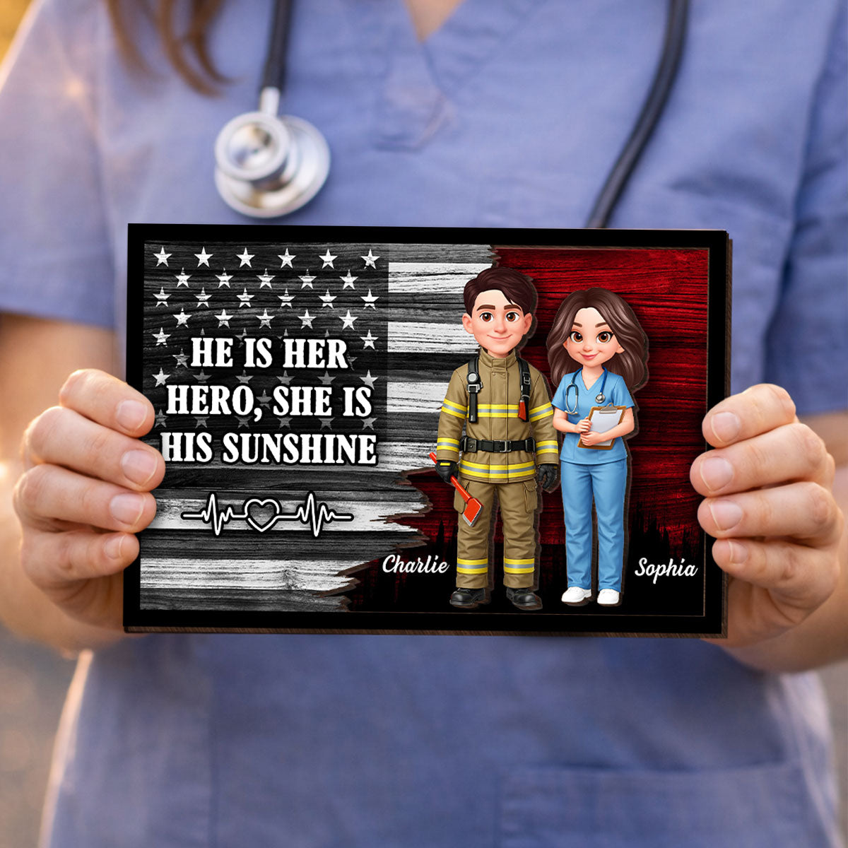 Custom Hero Couple Thin Red Line Nation Flag - Personalized 2-Layered Wooden Plaque - Heartfelt Gift for Him, for Her