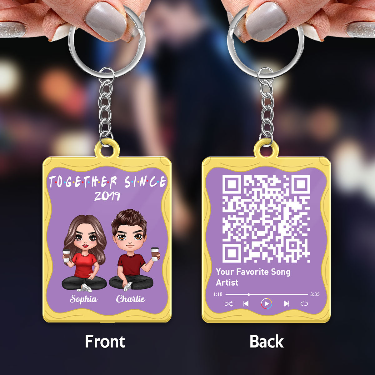 Doll Couple Sitting Purple Yellow Favorite Song Scannable QR Code Personalized Acrylic Keychain