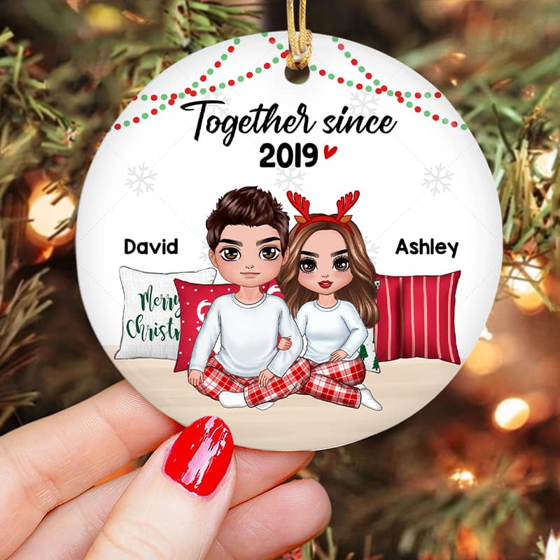 Pajamas Doll Couple Sitting Embracing Personalized Circle Ornament