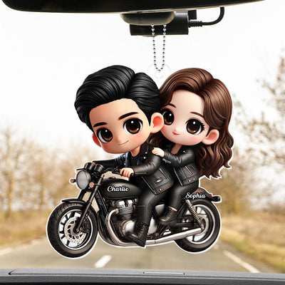 3D Effect Cute Cartoon Couple Motorcycle Personalized Acrylic Car Hanger, Anniversary &  Gift for him, Gift for her
