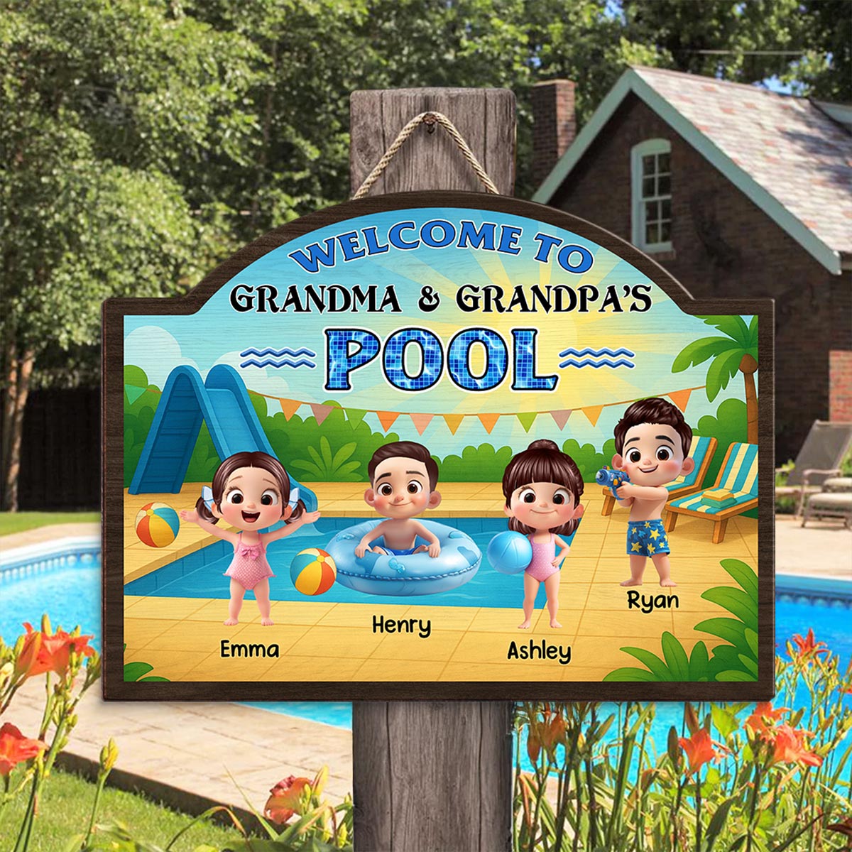 Welcome to Grandma Grandpa's Pool Personalized Wood Sign, Summer Grandkids Welcome Sign
