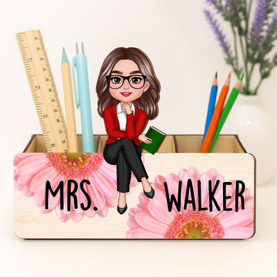 Teacher Daisy Flower Personalized Pencil Holder, 2-Layer Wooden Plaque, Back To School Gift, Classroom Decor