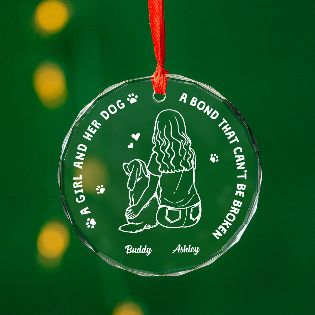 Girl And Her Dogs Outline Personalized Glass Ornament, Christmas Gift For Dog Mom