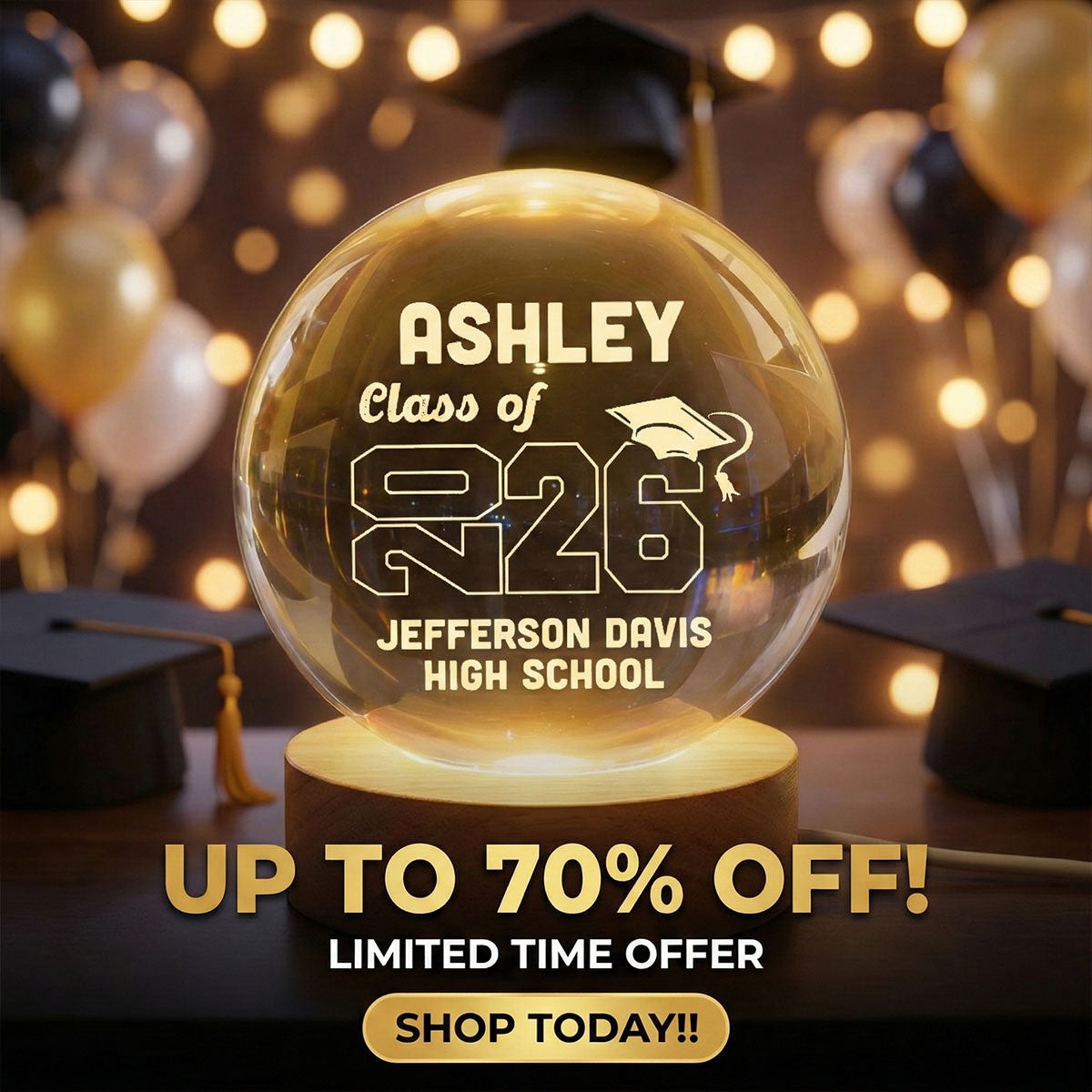 Class Of Graduation Year Senior - Personalized Crystal Ball LED Night Light - Gift For Graduation Day, Graduation Gift, Keepsake