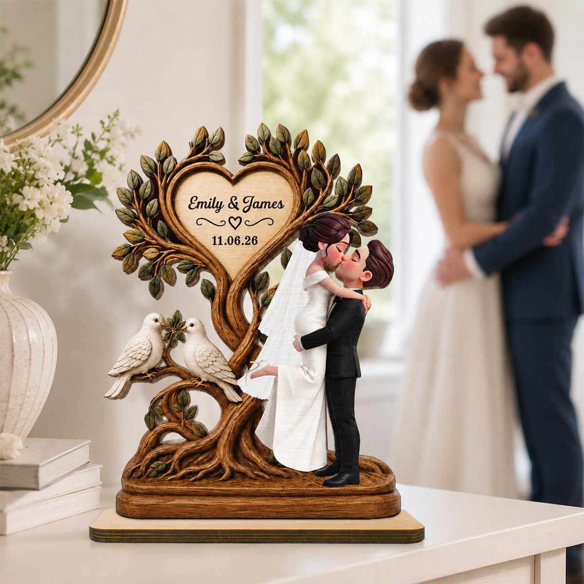 Wedding Couple Tree Of Life With Doves - Personalized 2-Layered Wooden Plaque - Wedding Keepsake, Anniversary Gift For Couples