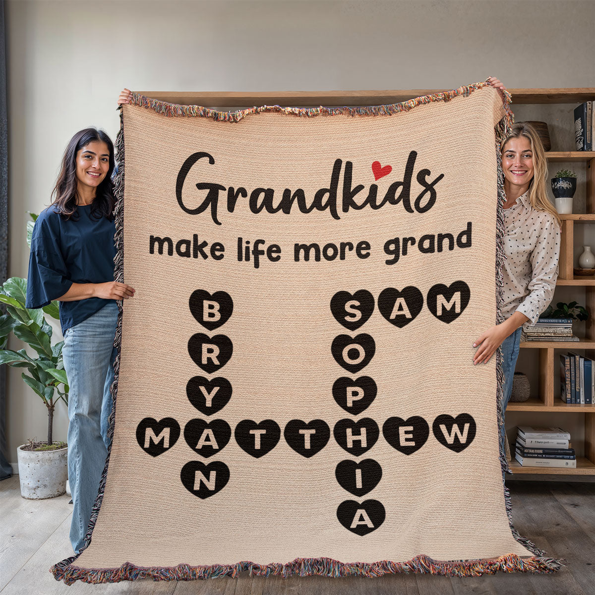 Grandkids Make Life Grand Heartfelt Crossword Puzzle Art Gift For Grandma Personalized Tapestry Woven Blanket