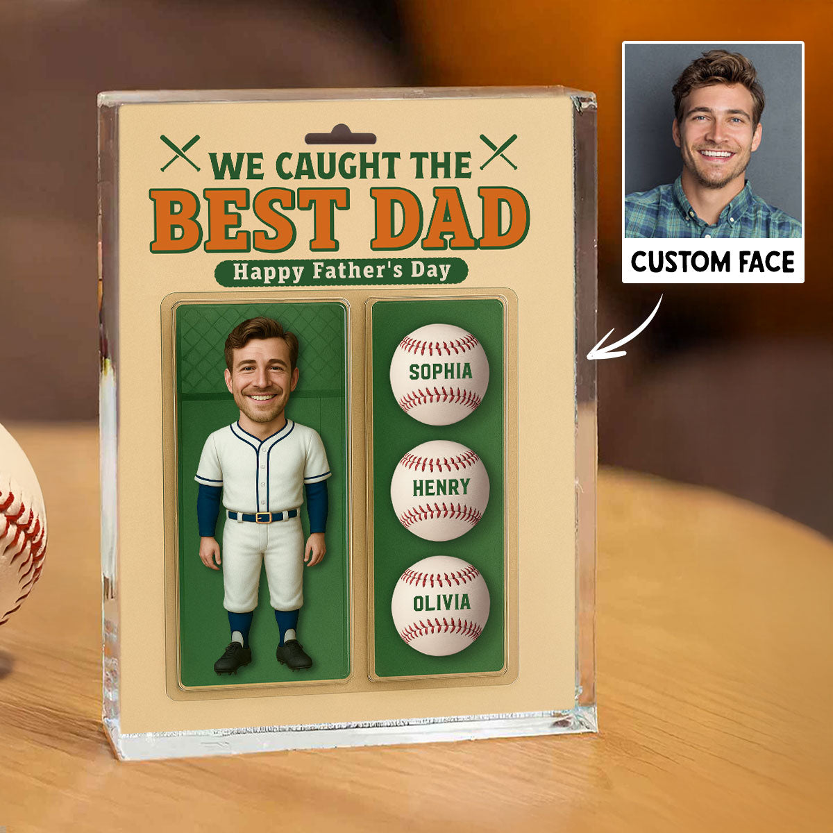 3D Effect We Caught The Best Dad Custom Figure Baseball Personalized Rectangle Flat Acrylic Block Plaque