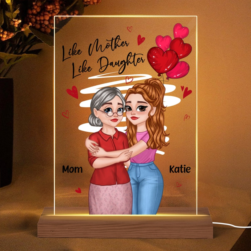 Red Hearts Like Mother Like Daughters Cartoon Hugging Mom Daughters Personalized Rectangle Acrylic Plaque With LED Night Light
